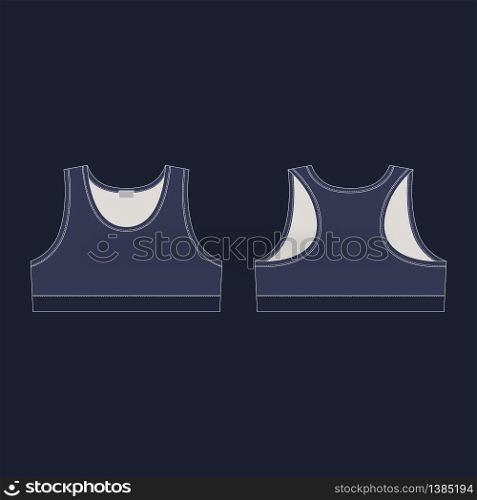 Women&rsquo;s sport underwear design template on black background. Technical sketch girl sports bra in blue colors. Front and back views. Fashion vector illustration. Women&rsquo;s sport underwear design template on black background. Technical sketch girl sports bra in blue colors.