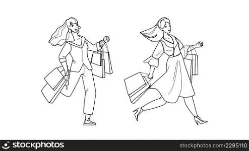 Women Running On Sale Shopping Together Black Line Pencil Drawing Vector. Happy Girls Shoppers With Bag Run On Seasonal Sale Shopping And Buying. Characters Ladies Customers Consumerism Illustration. Women Running On Sale Shopping Together Vector