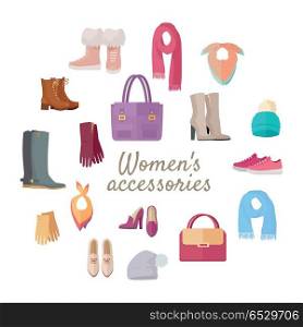 Women s Accessories Isolated on White. Vector Set. Women s accessories isolated on white. Vector set with hand drawn colored object on theme of fashion. Fashionable clothes for woman. Sketches for use in design. Bags, shoes, hats and scarves. Vector