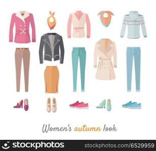 Women s autumn look. Casual clothes, shoes for cold season. Pants, jacket, blouse, coat, sweater, scarf, skirt, cloak, boots, loafers sneakers vectors isolated on white For store ad fashion concept. Women s Autumn Look Vector Concept in Flat Design. Women s Autumn Look Vector Concept in Flat Design