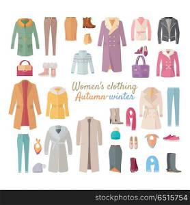 Women s Clothing. Autumn Winter Collection.. Women s clothing. Autumn winter collection. Stylish fashionable clothes from popular designers. Best world brands trends. New collection of shoes and outwear models. For store, boutique ad. Vector