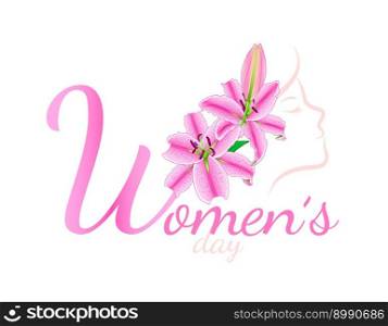 Women’s day design with flowers and wowen face. International women’s day, 8 march. Vector illustration.