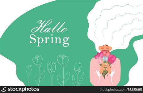 Women s day illustration. Girl with flowers. Flat style. Lattering Hallo spring . Vector EPS10. Women s day illustration. Girl with flowers. Flat style. Lattering Hallo spring