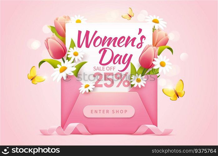 Women’s Day sale pop up ads for with 25 percent discount decorated by a cute pink envelope and lovely flowers. Pop up ads for Women’s Day Sale