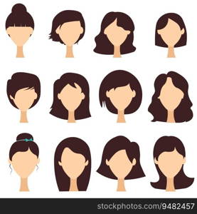 Women’s hairstyles. Girls with brown hair. Hairstyle icons isolated on white background.. Women’s hairstyles. Girls with brown hair. Hairstyle icons