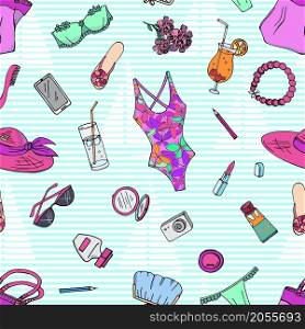 Women's summer things for beach. Seamless pattern. Fashion llustration. Vector image.