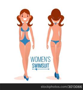 Women s Swimsuit Vector. Fashion Girl Displaying Modern Summer Beach Swimsuit. Back And Front Side. Beauty Female Swimwear Design. Isolated Flat Illustration. Women s Swimsuit Vector. Body Positive Movement, Beauty Diversity. Beauty Female Swimwear Design. Isolated Flat Illustration