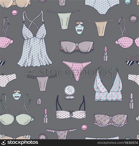 Women's underwear, bras, panties, bikinis. Seamless pattern. Fashion vector illustration. Set.