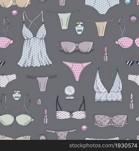 Women's underwear, bras, panties, bikinis. Seamless pattern. Fashion vector illustration. Set.