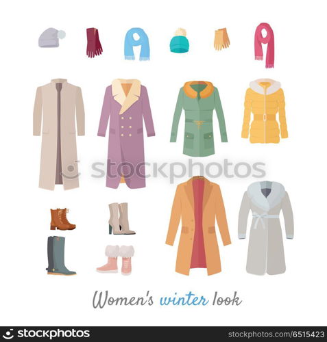 Women s winter look. Set of casual clothing and shoes for cold season. Pants, jacket, sweater, shirt flat vector illustrations isolated on white background. For clothes stores ad, fashion concepts. Women s Winter Look Vector Concept in Flat Design. Women s Winter Look Vector Concept in Flat Design