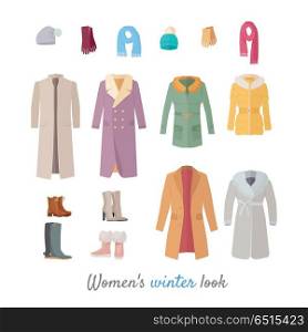 Women s winter look. Set of casual clothing and shoes for cold season. Pants, jacket, sweater, shirt flat vector illustrations isolated on white background. For clothes stores ad, fashion concepts. Women s Winter Look Vector Concept in Flat Design. Women s Winter Look Vector Concept in Flat Design