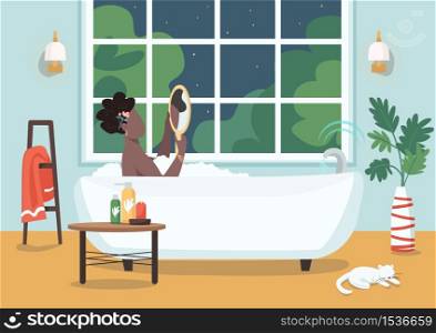 Women self care procedure flat color vector illustration. Woman in bathtub with bubbles. Nighttime routine. African american woman 2D cartoon character with bathroom interior on background. Women self care procedure flat color vector illustration