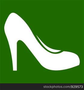 Women shoe with heels icon white isolated on green background. Vector illustration. Women shoe with heels icon green