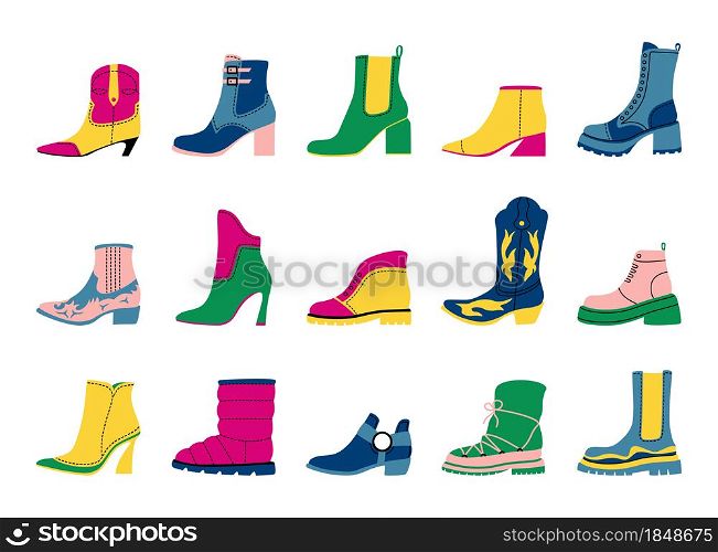 Women shoes. Cartoon colourful trendy female luxury and everyday carry boots, trendy doodle graphic template. Vector set isolated collection trendy style woman shoes business. Women shoes. Cartoon colourful trendy female luxury and everyday carry boots, trendy doodle graphic template. Vector set
