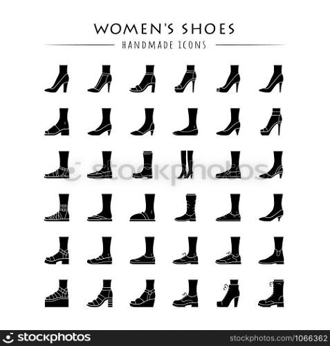 Women shoes glyph icons set. Female fashion, summer and autumn trendy footwear. Stiletto high heels, sandals, pumps. Winter and fall boots. Silhouette symbols. Vector isolated illustration