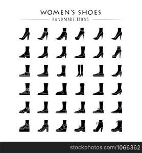 Women shoes glyph icons set. Female fashion, summer and autumn trendy footwear. Stiletto high heels, sandals, pumps. Winter and fall boots. Silhouette symbols. Vector isolated illustration
