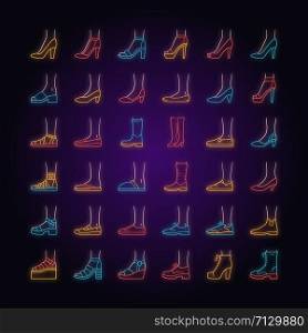 Women shoes neon light icons set. Female fashion, summer and autumn trendy footwear. Stiletto high heels, sandals, pumps. Winter and fall boots. Glowing signs. Vector isolated illustrations