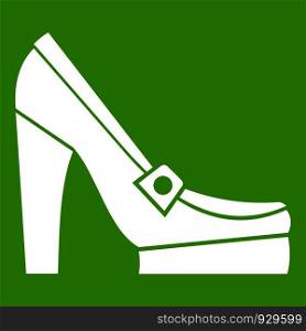 Women shoes on platform icon white isolated on green background. Vector illustration. Women shoes on platform icon green