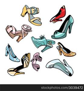 women shoes on white background. women shoes on white background. Comic cartoon pop art retro vector illustration drawing. women shoes on white background