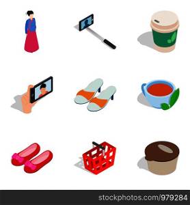 Women shop icons set. Isometric set of 9 women shop vector icons for web isolated on white background. Women shop icons set, isometric style