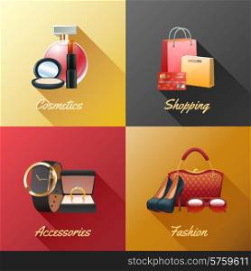 Women shopping design concept set with cosmetics accessories and fashion realistic icons isolated vector illustration