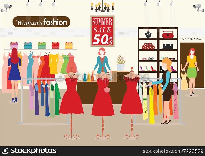 Women shopping in a clothing store with Dummies show, Shopping fashion, clearance sale, accessories on sale. Flat style vector illustration.