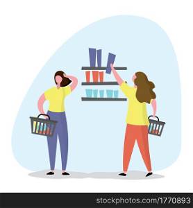 Women shopping in a store,shelves with goods,characters in trendy style,flat vector illustration