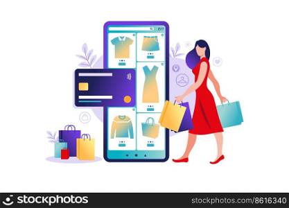 Women shopping online on mobile phone. Mobile app templates, vector illustration. Retail flat design. Online store payment. Bank credit cards. Smartphone wallets, digital pay technology. E-paying.