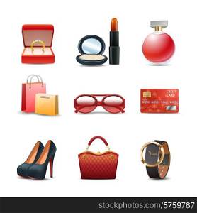 Women shopping realistic decorative icon set with ring lipstick perfume isolated vector illustration
