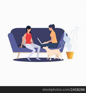 Women sitting on couch and relaxing at home. Fun, lifestyle, weekend concept. Vector illustration can be used for topics like friendship, vacation, leisure