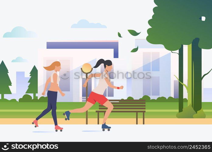 Women skating in park with distant buildings in background. Lifestyle, activity, leisure concept. Vector illustration can be used for topics like summer, holiday, sport. Women skating in park with distant buildings in background