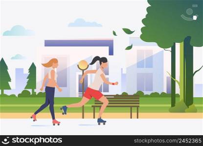 Women skating in park with distant buildings in background. Lifestyle, activity, leisure concept. Vector illustration can be used for topics like summer, holiday, sport. Women skating in park with distant buildings in background