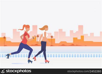 Women skating with distant buildings in background. Lifestyle, activity, leisure concept. Vector illustration can be used for topics like summer, holiday, sport. Women skating with distant buildings in background