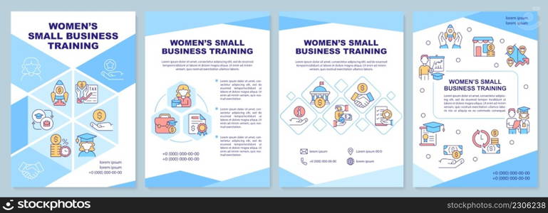 Women small business training blue brochure template. Gender policy. Leaflet design with linear icons. 4 vector layouts for presentation, annual reports. Arial-Black, Myriad Pro-Regular fonts used. Women small business training blue brochure template