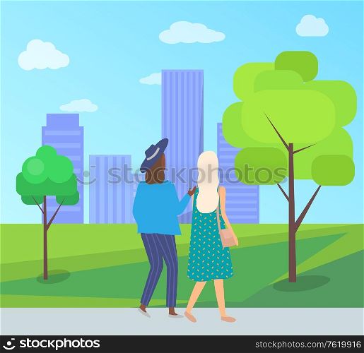 Women speaking outdoor, back view of friends girls wearing casual clothes, females walking between trees and buildings, urban park, leisure vector. Friends Leisure, Urban Park, Walking Women Vector