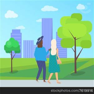 Women speaking outdoor, back view of friends girls wearing casual clothes, females walking between trees and buildings, urban park, leisure vector. Friends Leisure, Urban Park, Walking Women Vector