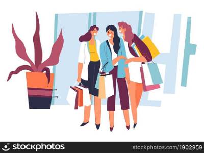 Women spending free time together shopping, female characters buying clothes and shopping in mall. Friends having fun and resting outdoors. Ladies with bags and packages. Vector in flat style. Shopping female characters, weekends with friends