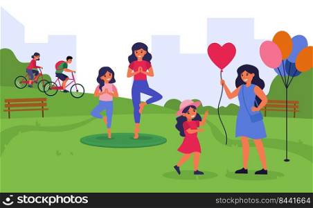 Women spending time with little daughters in public park. Families practicing yoga and walking flat vector illustration. Family leisure concept for banner, website design or landing web page