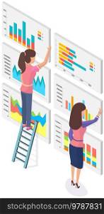 Women study business finance on posters, graphic report web infographic vector. Business statistics and data analysis on background. Employees work with statistical indicators, graphs, diagrams. Women study business finance on posters, work with statistical indicators, graphs, diagrams