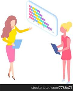 Women study statistics on background. Analyze graphs and charts concept. Girls are working with data. Female characters while looking and discussing graph growth dynamics. Indicators shown on diagram. Women while looking and discussing graph growth dynamics. People study statistics on background