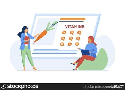 Women studying vitamins in organic food. Nutritionist presenting fresh vegetable on screen flat vector illustration. Healthy nutrition, diet concept for banner, website design or landing web page