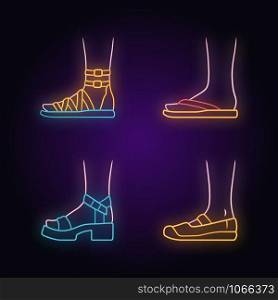 Women summer shoes neon light icons set. Female elegant formal and casual footwear. Stylish gladiator sandals, flip flops, platform heels. Glowing signs. Vector isolated illustrations