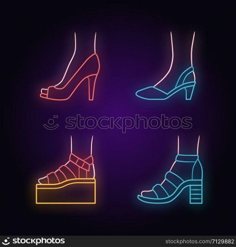 Women summer shoes neon light icons set. Female elegant formal and casual footwear. Stylish platform and block heel sandals. Fashionable stilettos. Glowing signs. Vector isolated illustrations