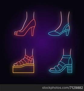 Women summer shoes neon light icons set. Female elegant formal and casual footwear. Stylish platform and block heel sandals. Fashionable stilettos. Glowing signs. Vector isolated illustrations