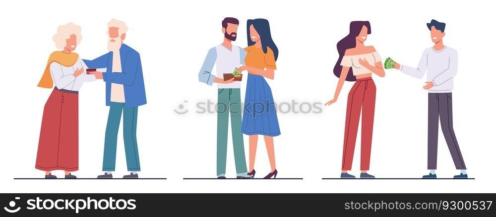 Women take or borrow money from their husbands or friends. Couple relations and friendship. Financial help and support. Give cash and credit card. Cartoon flat style isolated illustration. Vector set. Women take or borrow money from their husbands or friends. Couple relations and friendship. Financial help and support. Give cash and credit card. Cartoon flat isolated illustration. Vector set