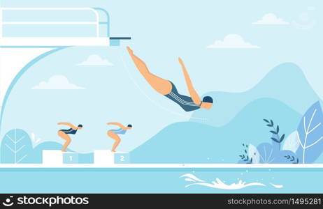 Women Taking Part in High Diving Competition Race. Cartoon Female Diver Swimmer in Swimsuit Jumping from Trampoline, Board, Podium. Summer Individual Water Sport. Vector Flat Illustration. Women Taking Part in Diving Competition Cartoon