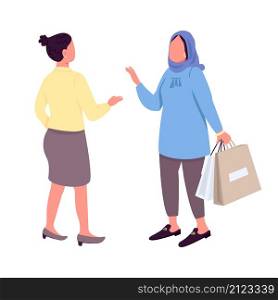 Women talk about shopping semi flat color vector characters. Active figures. Full body people on white. Fashion isolated modern cartoon style illustration for graphic design and animation. Women talk about shopping semi flat color vector characters