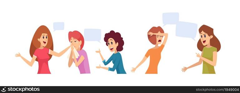 Women talking. Girl therapy group, happy sad female. People communication and conversation vector illustration. Therapy girl talking and communication, psychological depressed discuss. Women talking. Girl therapy group, happy sad female. People communication and conversation vector illustration