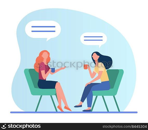 Women talking over cup of coffee. Female friends meeting in coffee shop, chat bubbles flat vector illustration. Friendship, communication concept for banner, website design or landing web page