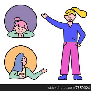 Women talking with each other. Young lady in full length points to girl by hand. People posing and speaking in round pictograms. Minimalistic vector illustration of conversation in flat style. Women Talk and Pose in Round Icons, Conversation